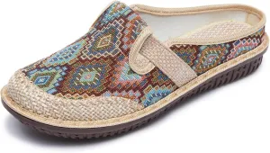 Women's Bohemian Slide Sandals - Lightweight Cotton Linen Woven Flat Shoes for Home, Beach, and Outdoor Use