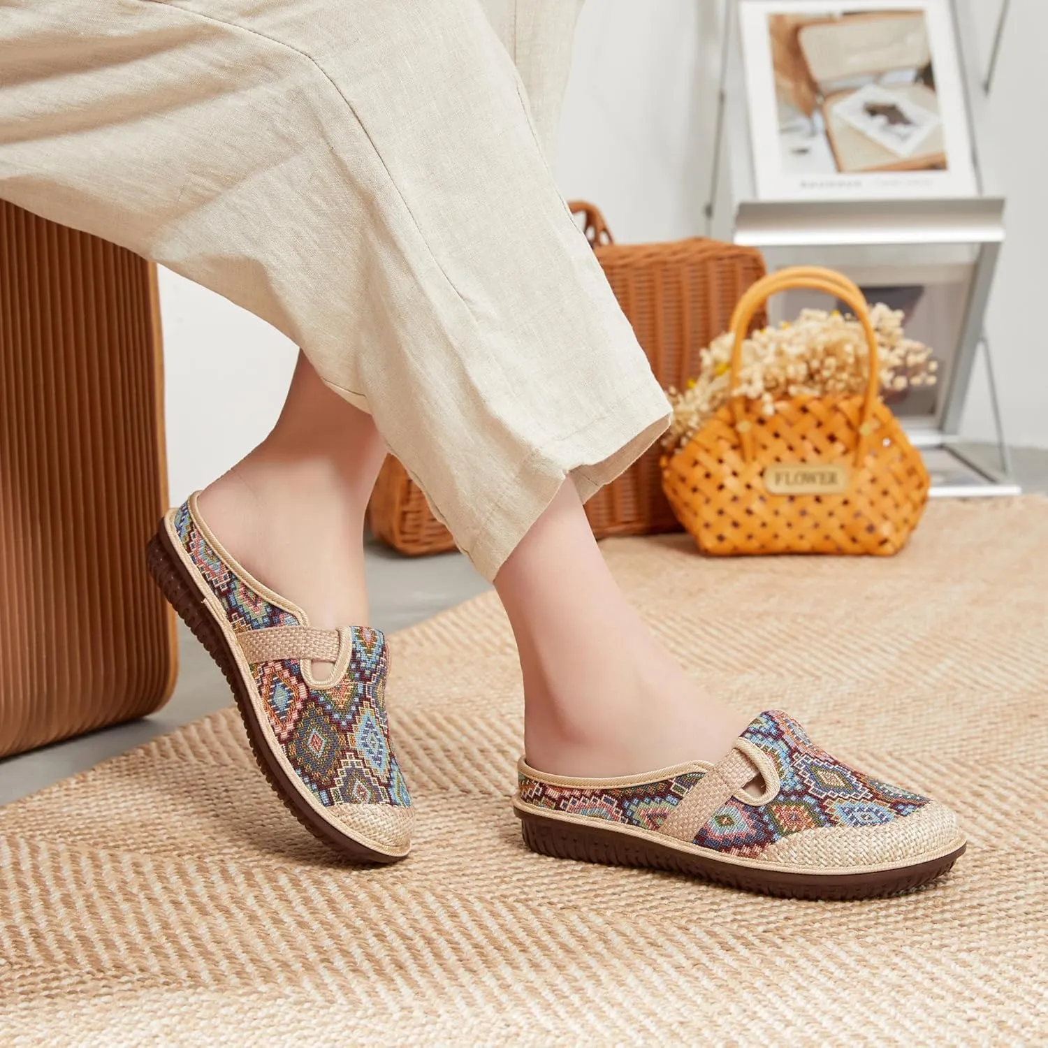 Women's Bohemian Slide Sandals - Lightweight Cotton Linen Woven Flat Shoes for Home, Beach, and Outdoor Use