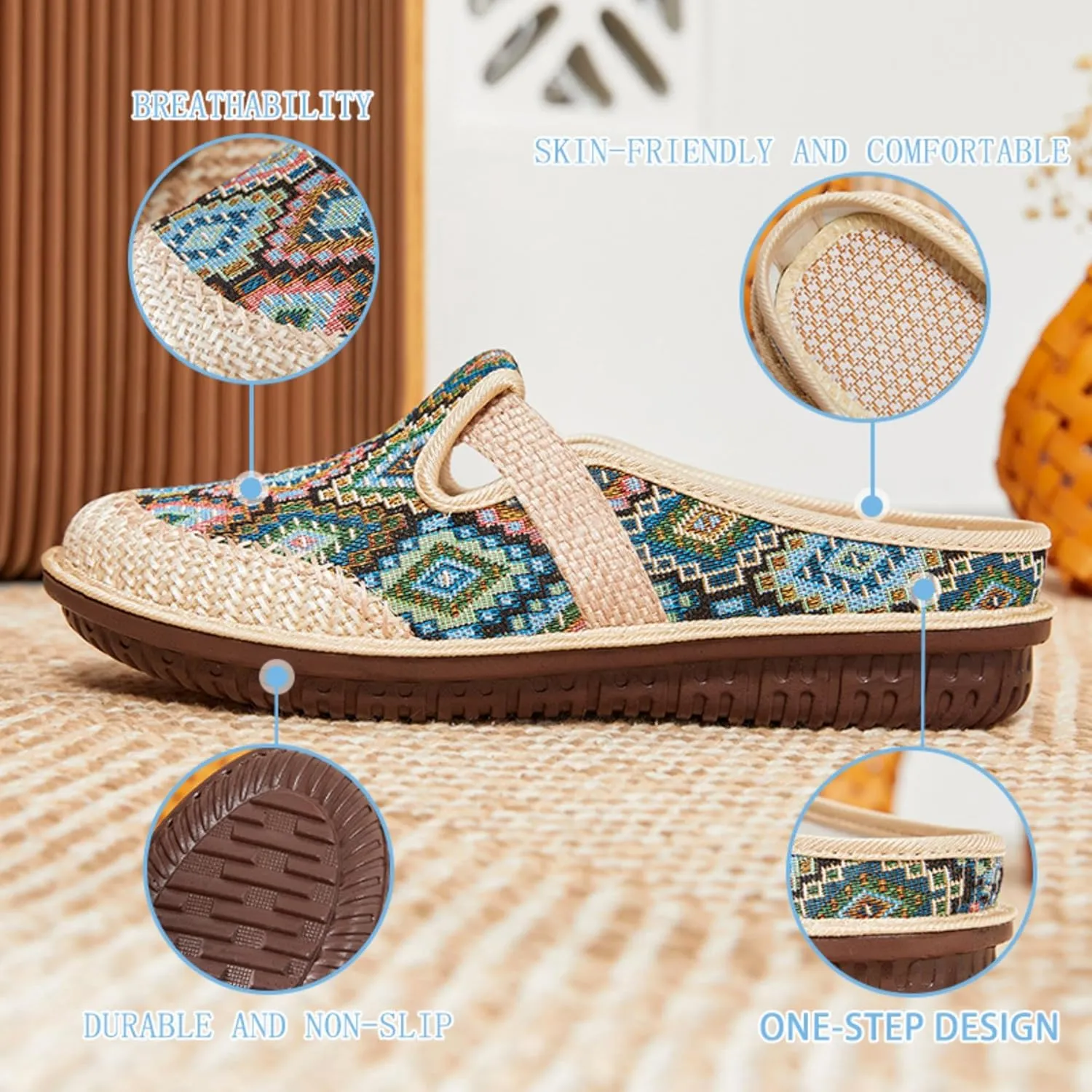 Women's Bohemian Slide Sandals - Lightweight Cotton Linen Woven Flat Shoes for Home, Beach, and Outdoor Use
