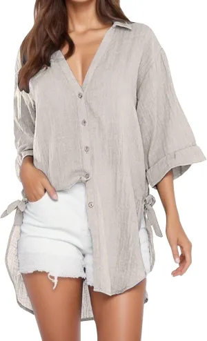 Womens Button Down Shirts 2025 Trendy V Neck Roll up Sleeve Tops Boho Button Down Blouses Beach Swimsuit Coverup