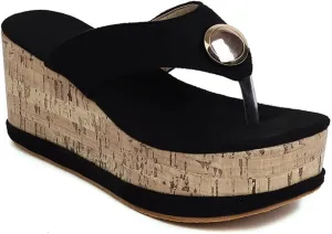 Women's Casual Open Toe Cork Wedge Flipflops Sandals Slip On Metallic Platform High Heel Thong Sandal