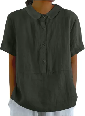 Women's Casual Shirt 2025 Summer Casual Button Down Short Sleeve Shirts Fashion Cotton Linen Shirt Top with Pocket