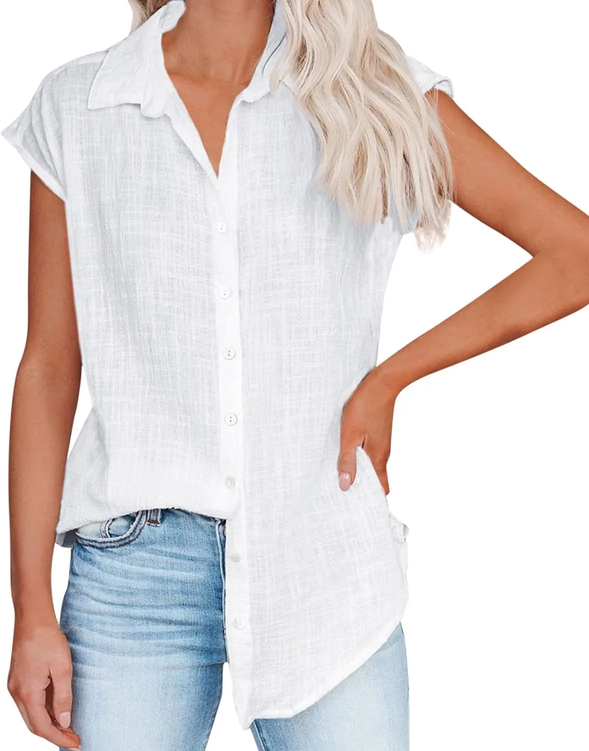 Women's Casual Shirt 2025 Summer Rolled Cuffed Short Sleeve Blouse Ladies Casual V Neck Shirts Beach Cotton Tops