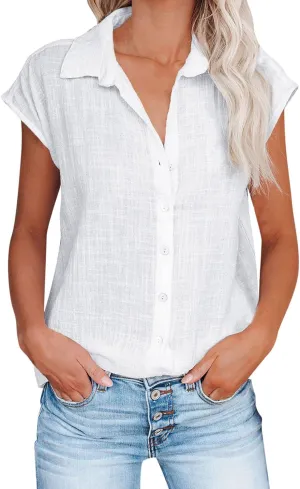 Women's Casual Shirt 2025 Summer Rolled Cuffed Short Sleeve Blouse Ladies Casual V Neck Shirts Beach Cotton Tops