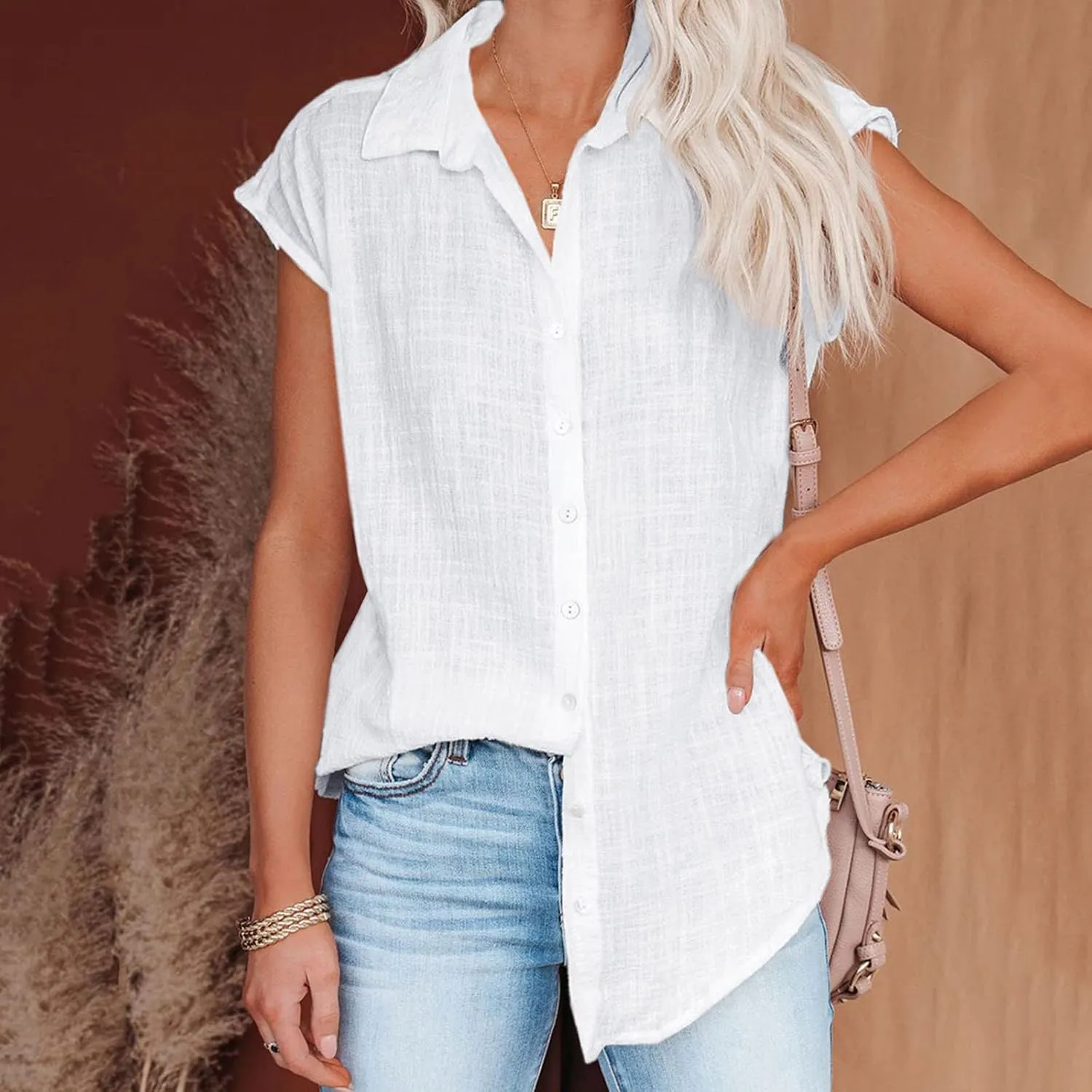Women's Casual Shirt 2025 Summer Rolled Cuffed Short Sleeve Blouse Ladies Casual V Neck Shirts Beach Cotton Tops