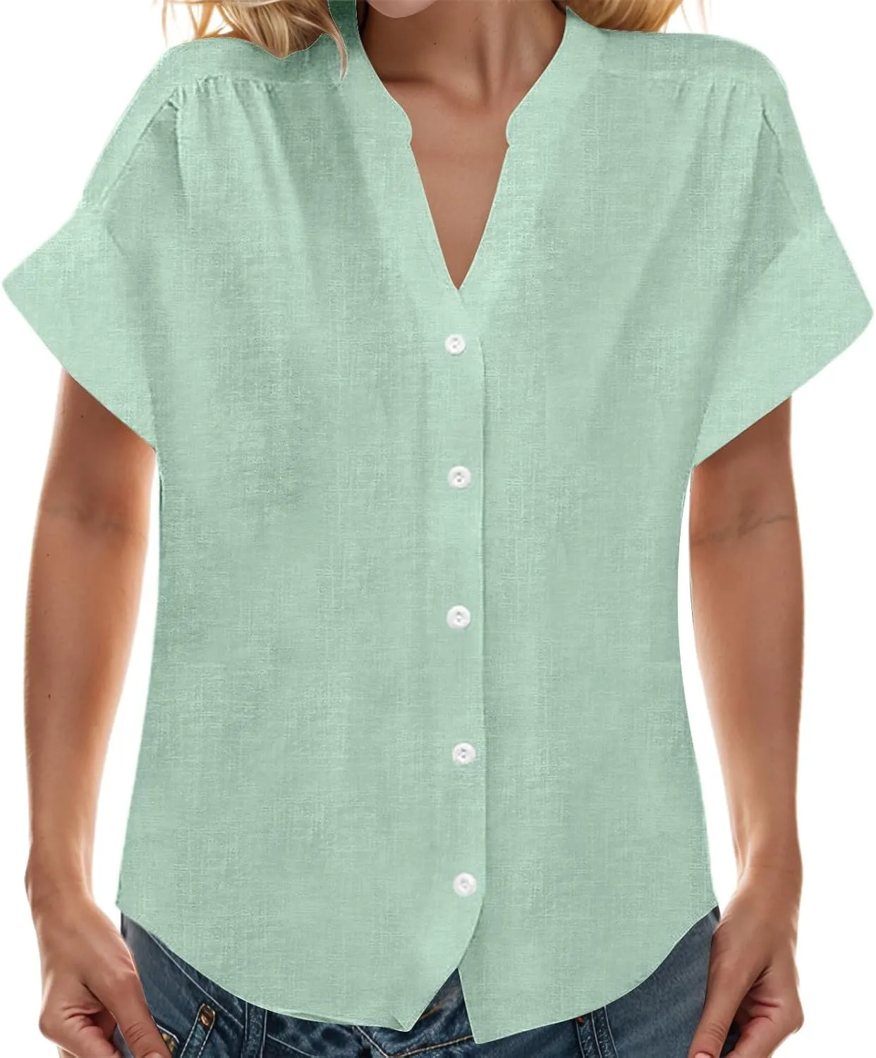 Womens Casual Shirts 2025 Summer Linen Button Down Shirt Rolled Cuffed Short Sleeve Blouse Casual Beach Cotton Tops
