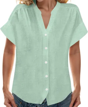 Womens Casual Shirts 2025 Summer Linen Button Down Shirt Rolled Cuffed Short Sleeve Blouse Casual Beach Cotton Tops