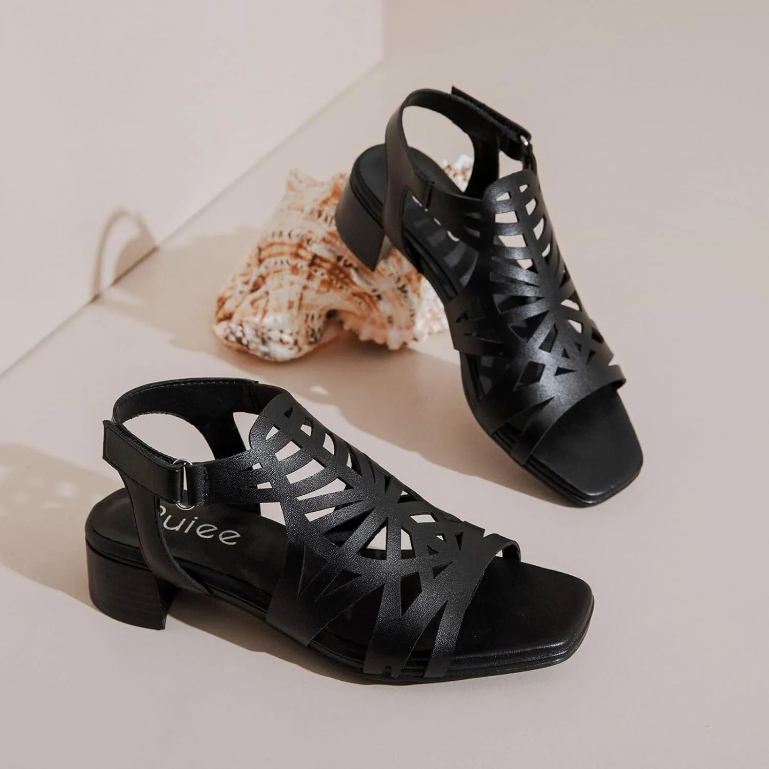 Women's Chunky Heeled Sandals - Block Low Heels Summer Ankle Strappy Square Open Toe Dressy Wedding Sandals for Women.