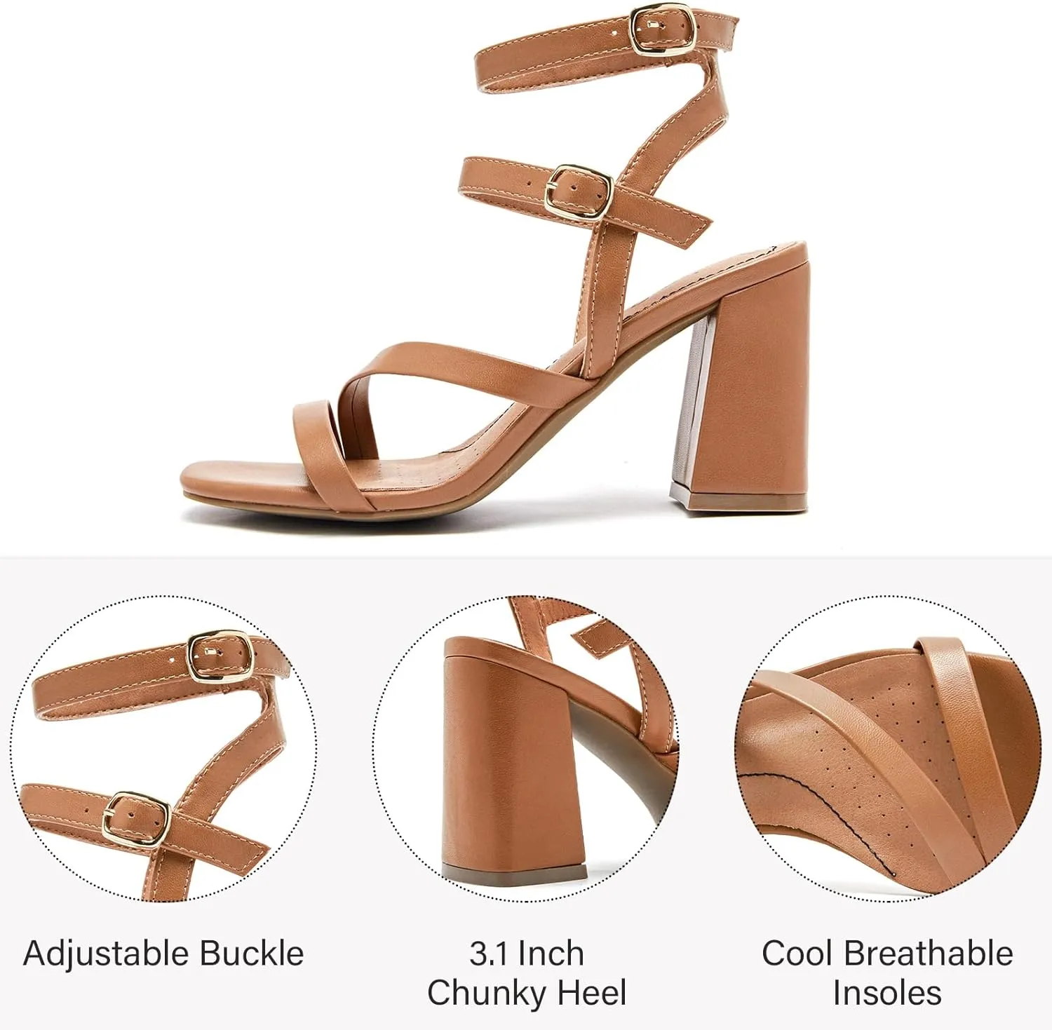 Women's Chunky Heeled Sandals - Square Open Toe Ankle Strappy Dressy Pump Heels Wedding Party Shoes for Women.