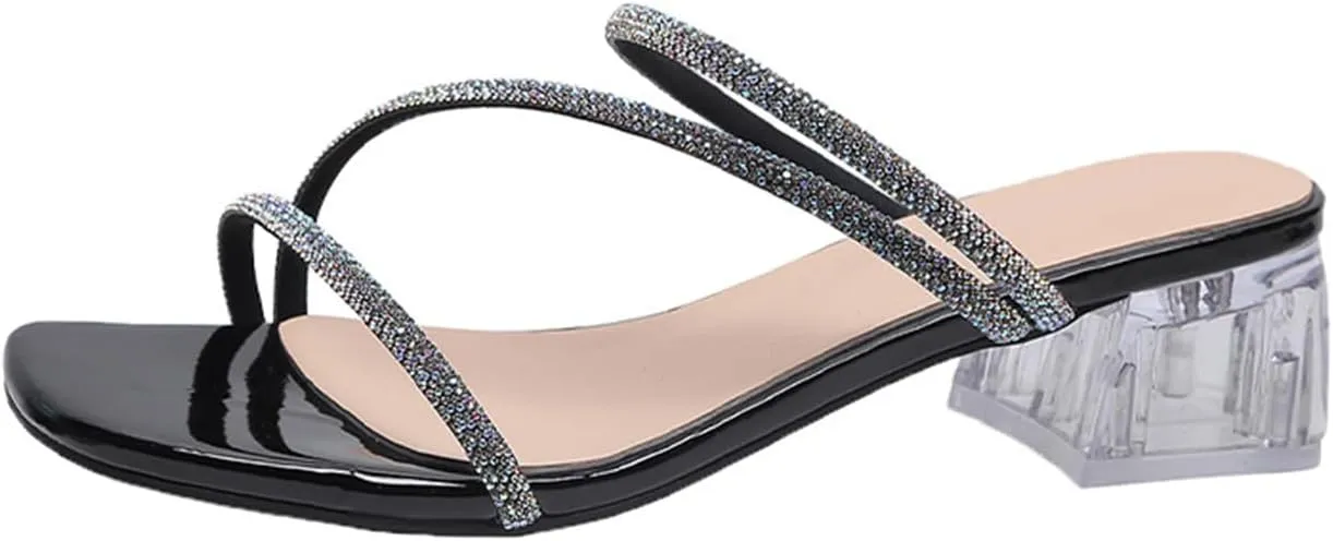 Women's Clear Rhinestone Square Open Toe Low Block Chunky Heels Sandals Strappy Shoes
