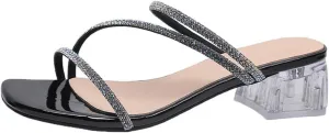 Women's Clear Rhinestone Square Open Toe Low Block Chunky Heels Sandals Strappy Shoes