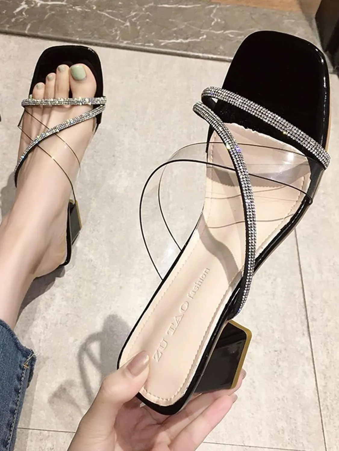 Women's Clear Rhinestone Square Open Toe Low Block Chunky Heels Sandals Strappy Shoes