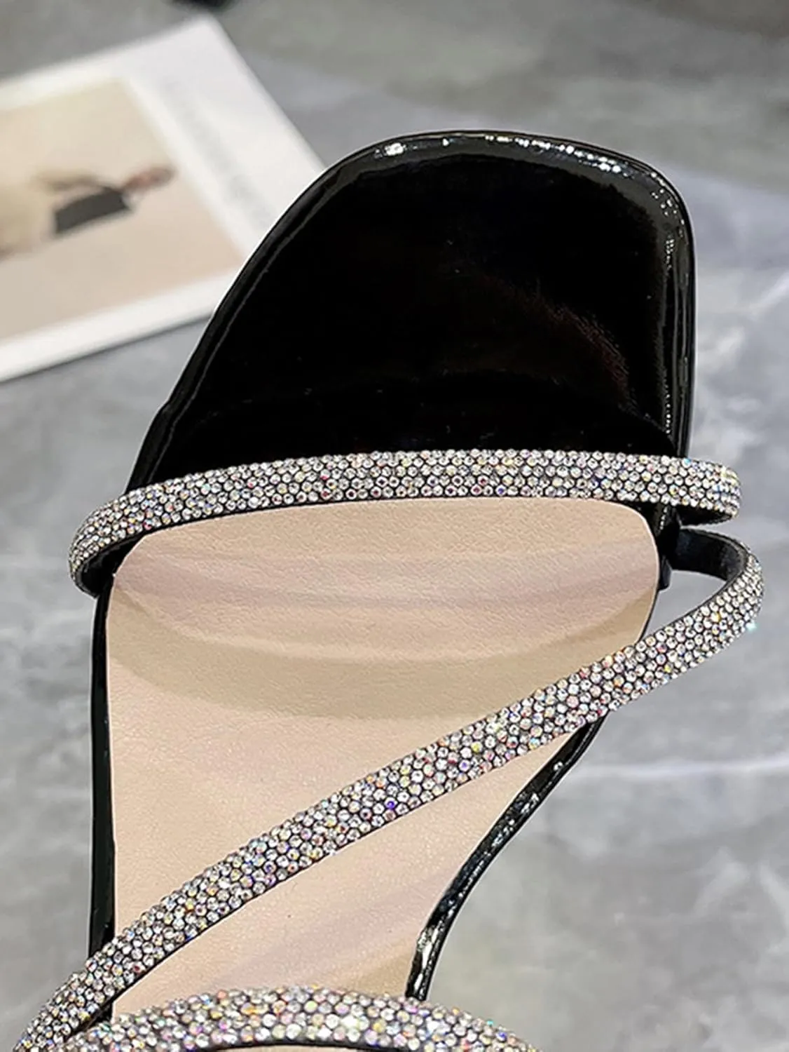 Women's Clear Rhinestone Square Open Toe Low Block Chunky Heels Sandals Strappy Shoes