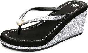 Women's Crystal Sequin Wedge Flip-Flops,Summer Arch Support Beach Slides,Non-Slip Platform Flip Flop Sandals.