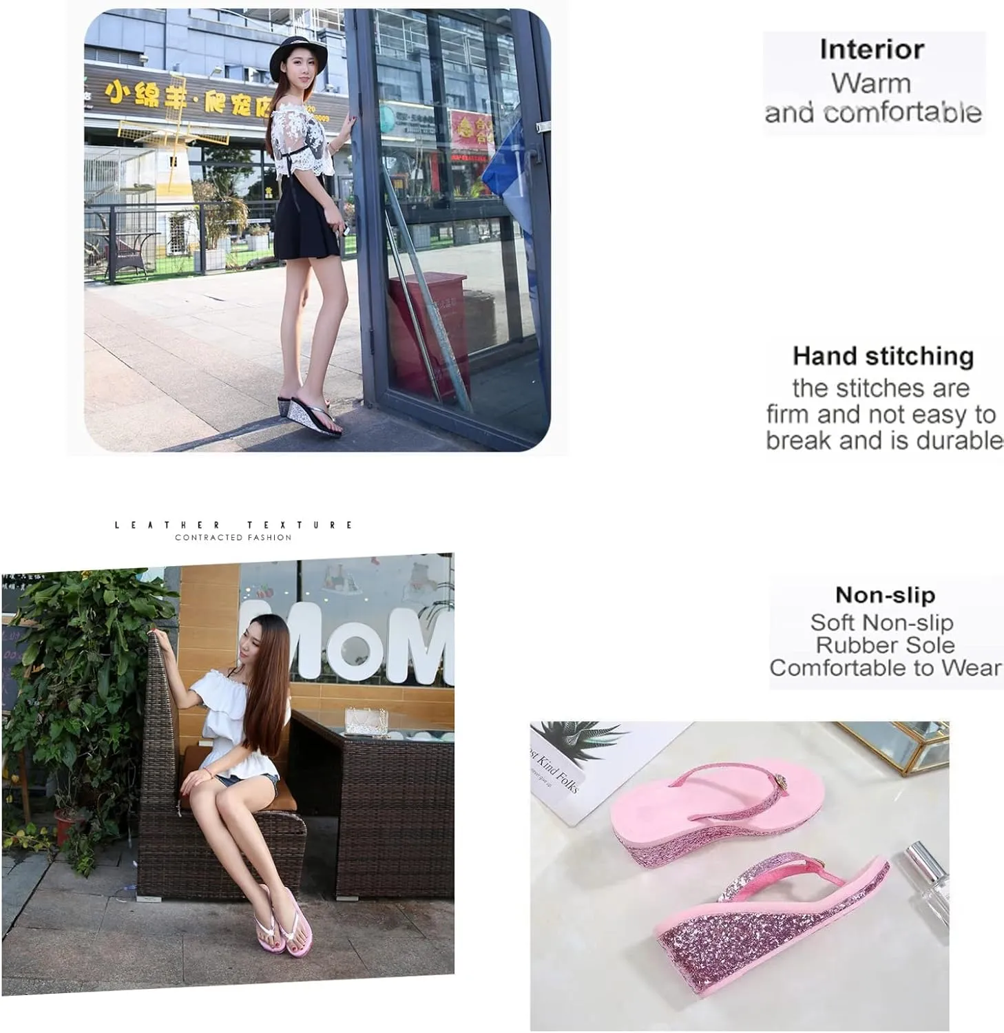 Women's Crystal Sequin Wedge Flip-Flops,Summer Arch Support Beach Slides,Non-Slip Platform Flip Flop Sandals.