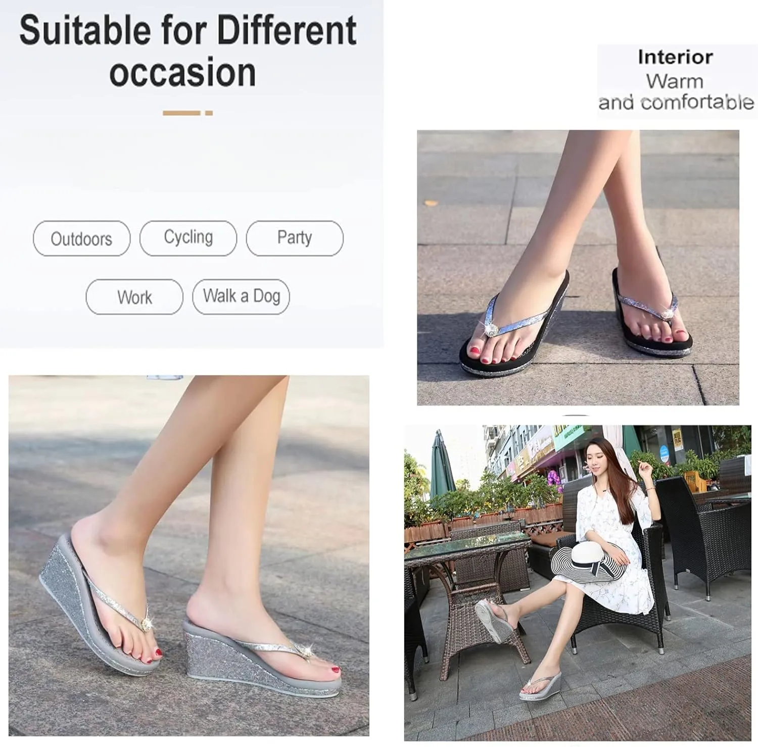 Women's Crystal Sequin Wedge Flip-Flops,Summer Arch Support Beach Slides,Non-Slip Platform Flip Flop Sandals.