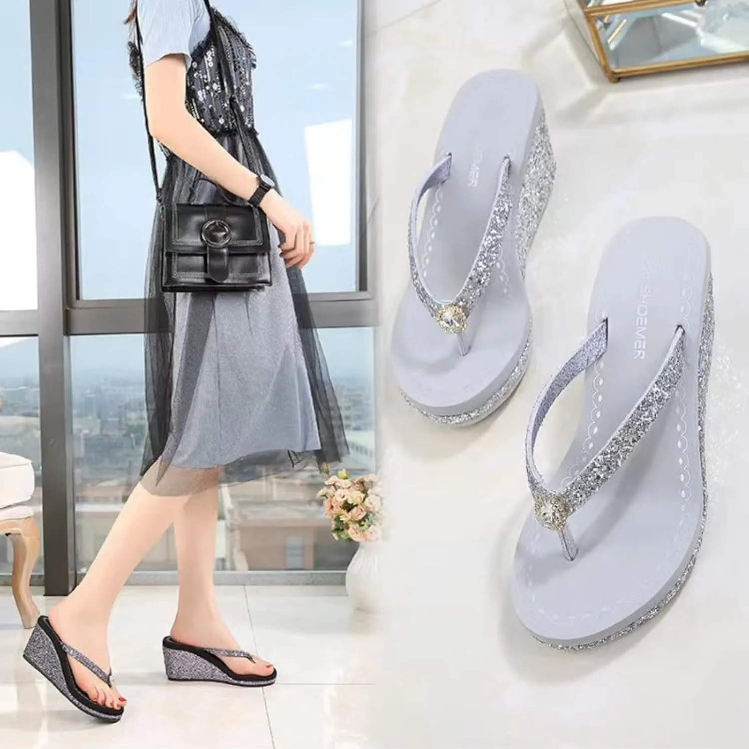 Women's Crystal Sequin Wedge Flip-Flops,Summer Arch Support Beach Slides,Non-Slip Platform Flip Flop Sandals.