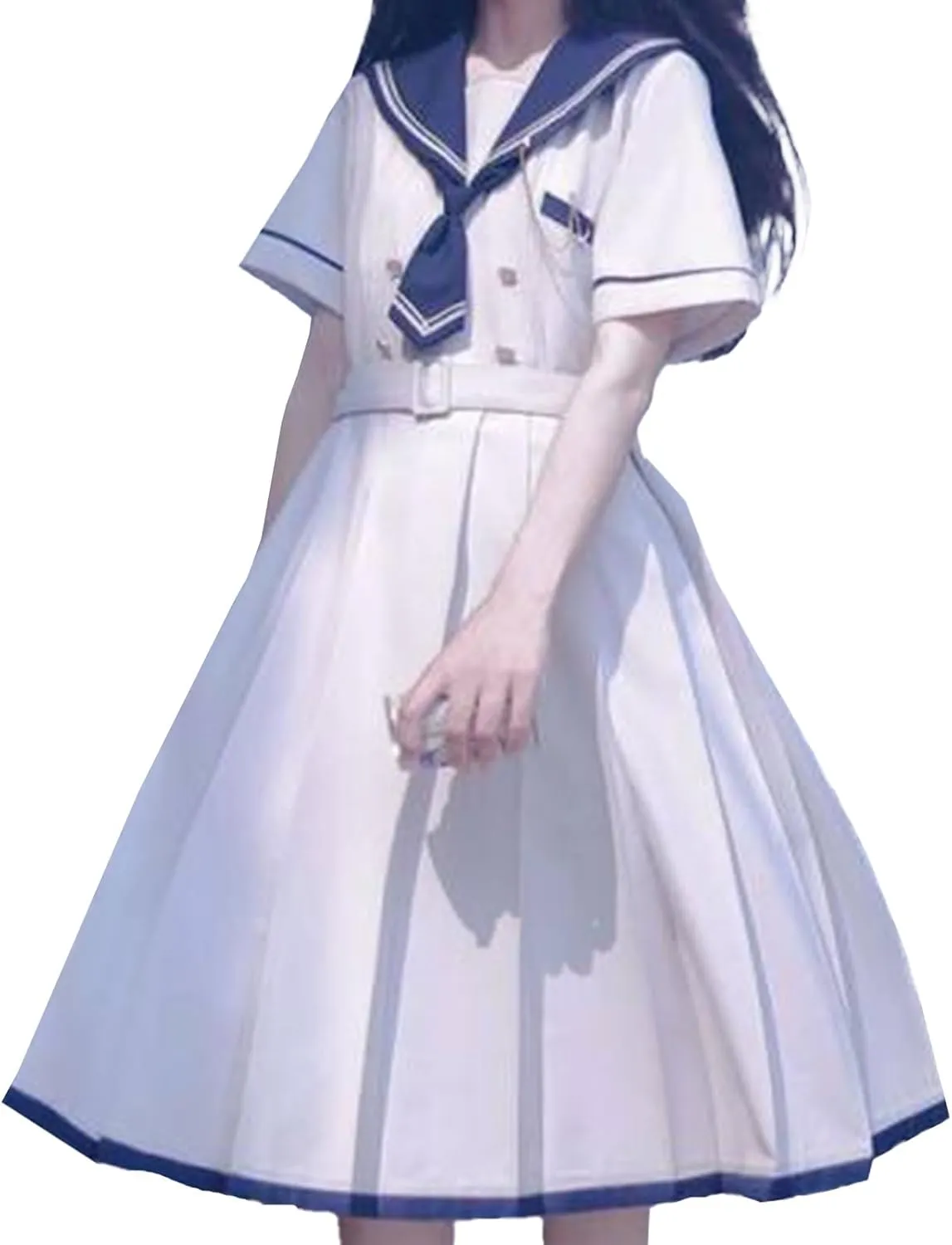 Women's Cute Casual Dress Summer Japanese JK Navy Collar Comfortable Sweet College Style high Waist Pleated Dress