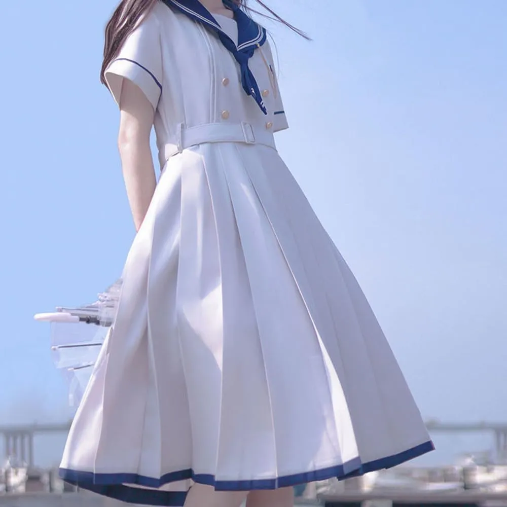 Women's Cute Casual Dress Summer Japanese JK Navy Collar Comfortable Sweet College Style high Waist Pleated Dress
