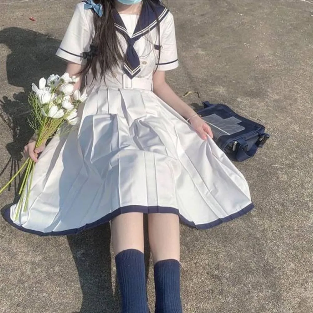 Women's Cute Casual Dress Summer Japanese JK Navy Collar Comfortable Sweet College Style high Waist Pleated Dress