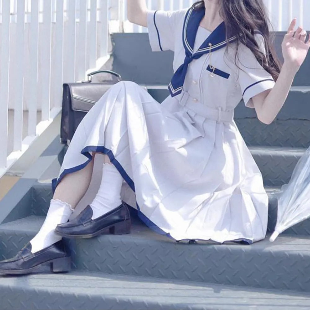 Women's Cute Casual Dress Summer Japanese JK Navy Collar Comfortable Sweet College Style high Waist Pleated Dress