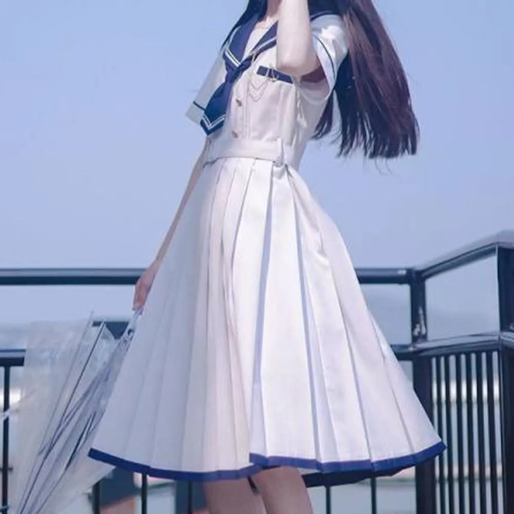 Women's Cute Casual Dress Summer Japanese JK Navy Collar Comfortable Sweet College Style high Waist Pleated Dress