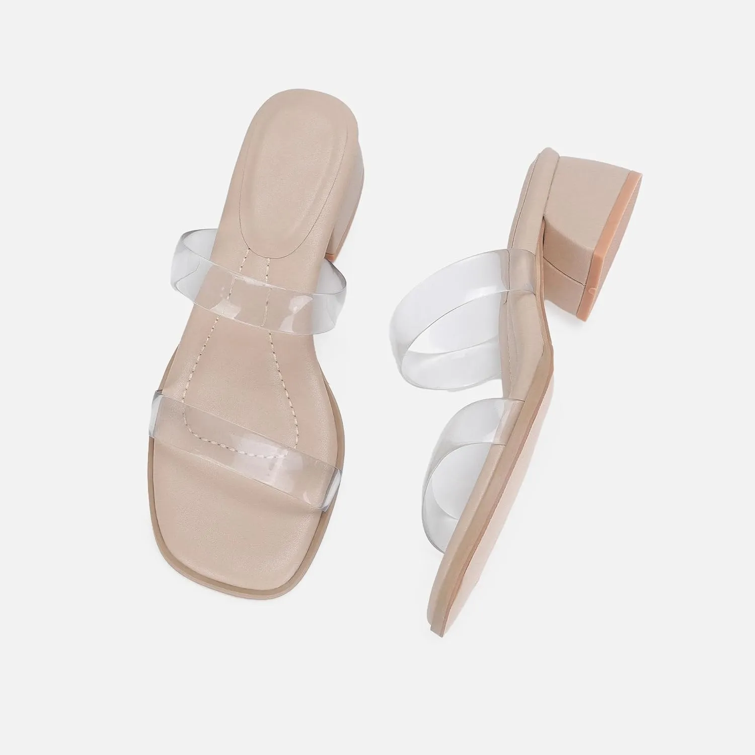 Women's Double Strap Clear Sandals Open Toe Slip On Mules Low Heel Transparent Sandals, Comfort Block Heels Clear Sandals for Women