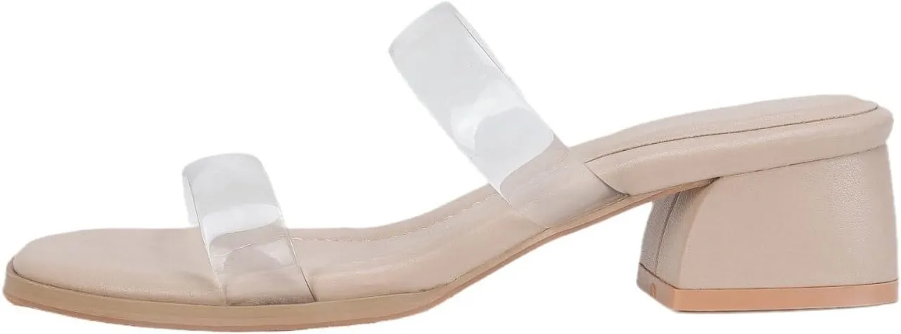Women's Double Strap Clear Sandals Open Toe Slip On Mules Low Heel Transparent Sandals, Comfort Block Heels Clear Sandals for Women