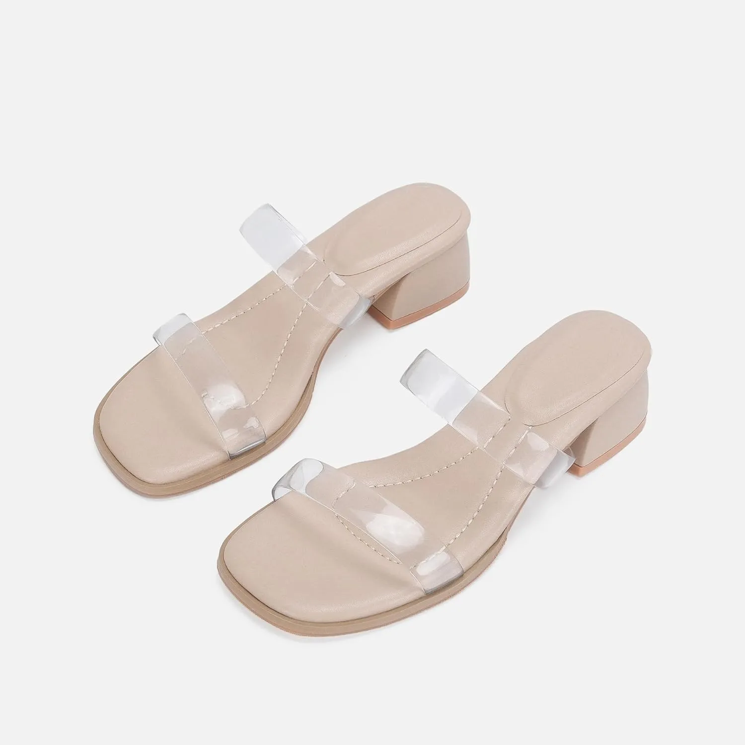 Women's Double Strap Clear Sandals Open Toe Slip On Mules Low Heel Transparent Sandals, Comfort Block Heels Clear Sandals for Women