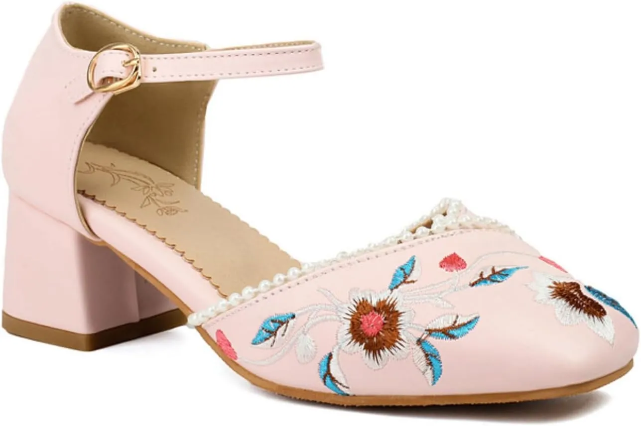 Women's Embroidery Floral Pattern Mary Janes Shoes Square Toe Low Closed Chunky Block Heels Retro Ankle Strap Wedding Party Dress Pumps