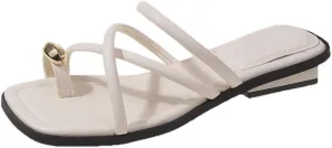 Women's Fashion Leather Strappy Metal Decoration Toe Ring Slippers Square Open Toe Slip-On Flat Clip Toe Sandals Slides Summer Casual Beach Walking Slides