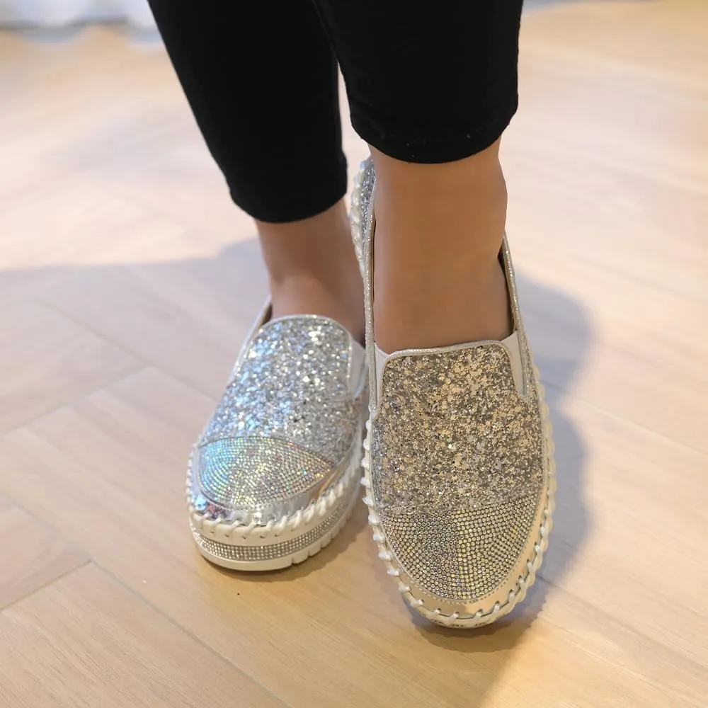 Women's Fashion Rhinestone Slip On Sneakers Casual Comfort Platform Walking Shoes Cute Bowknot Glitter Bling Loafers