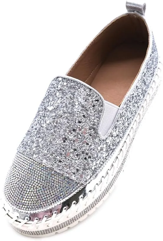 Women's Fashion Rhinestone Slip On Sneakers Casual Comfort Platform Walking Shoes Cute Bowknot Glitter Bling Loafers