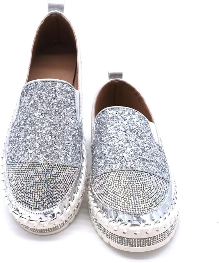 Women's Fashion Rhinestone Slip On Sneakers Casual Comfort Platform Walking Shoes Cute Bowknot Glitter Bling Loafers
