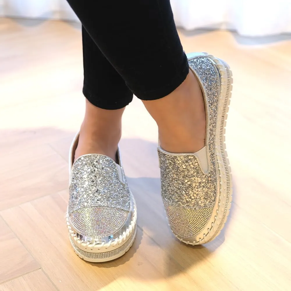 Women's Fashion Rhinestone Slip On Sneakers Casual Comfort Platform Walking Shoes Cute Bowknot Glitter Bling Loafers