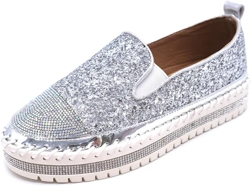 Women's Fashion Rhinestone Slip On Sneakers Casual Comfort Platform Walking Shoes Cute Bowknot Glitter Bling Loafers