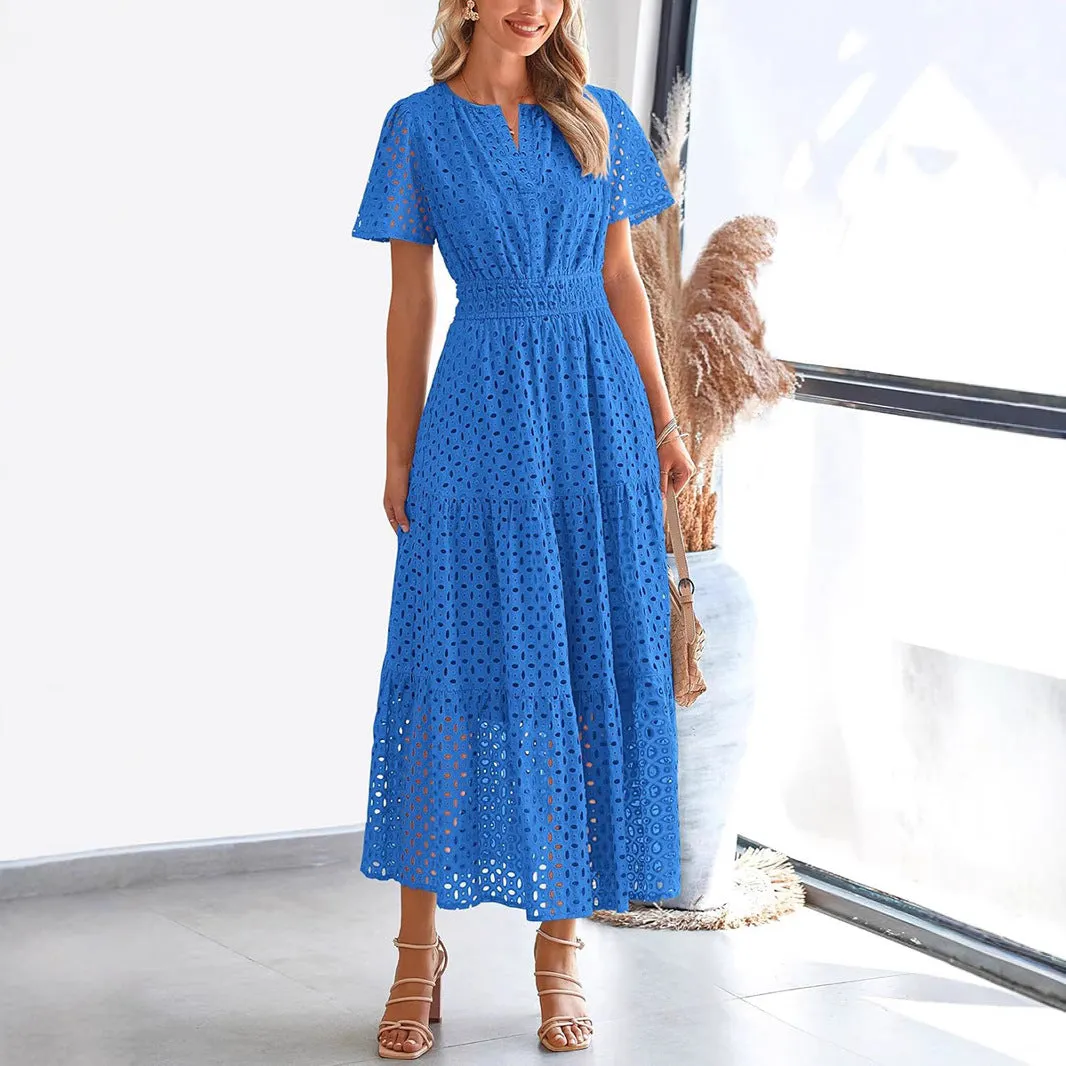 Women’s Fit and Flare Dress - Broderie Anglaise - V-Neck - Short Sleeve - Tiered Hem