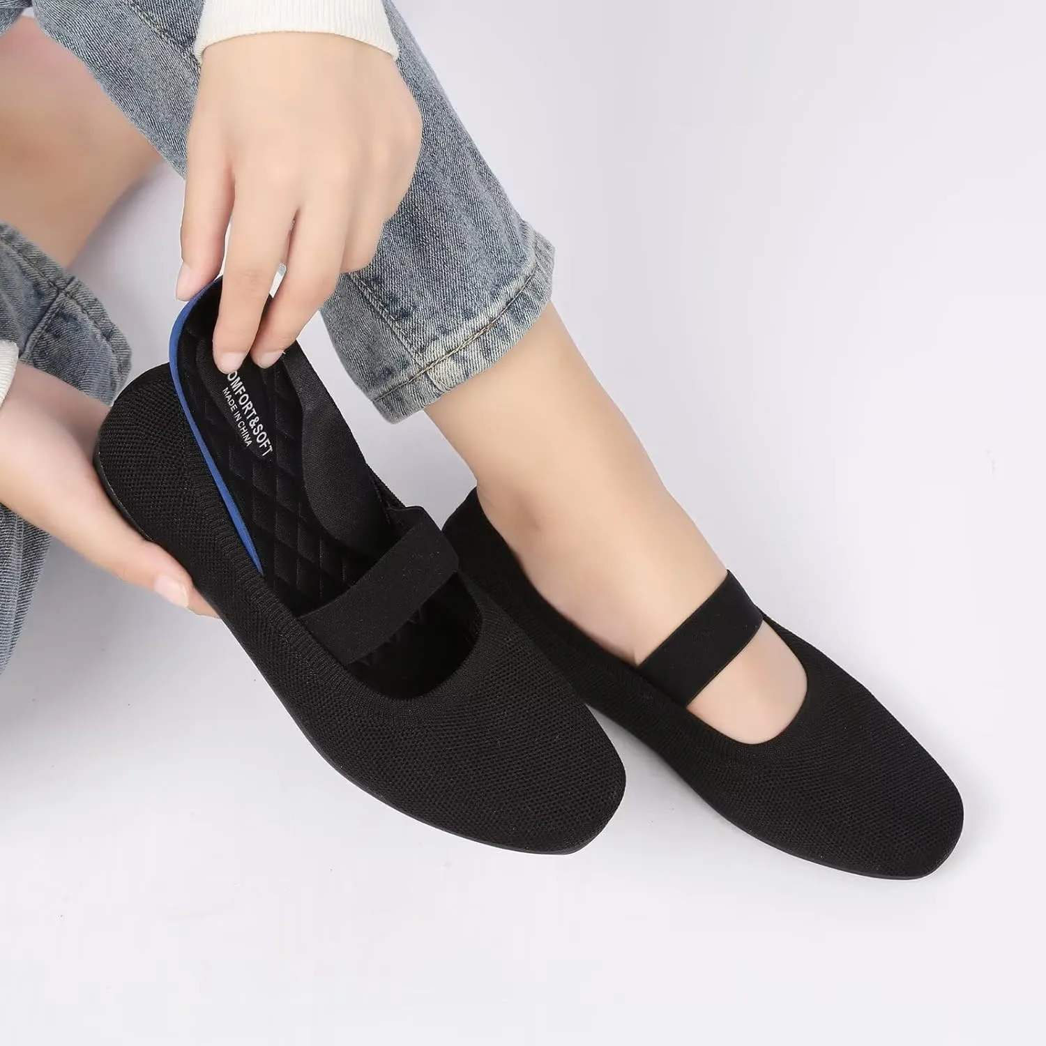 Women’s Flats Shoes Knit Mary Jane Ballet Flat Comfort Walking Dressy Work Office Ballerina Slip-on Shoes with Strap