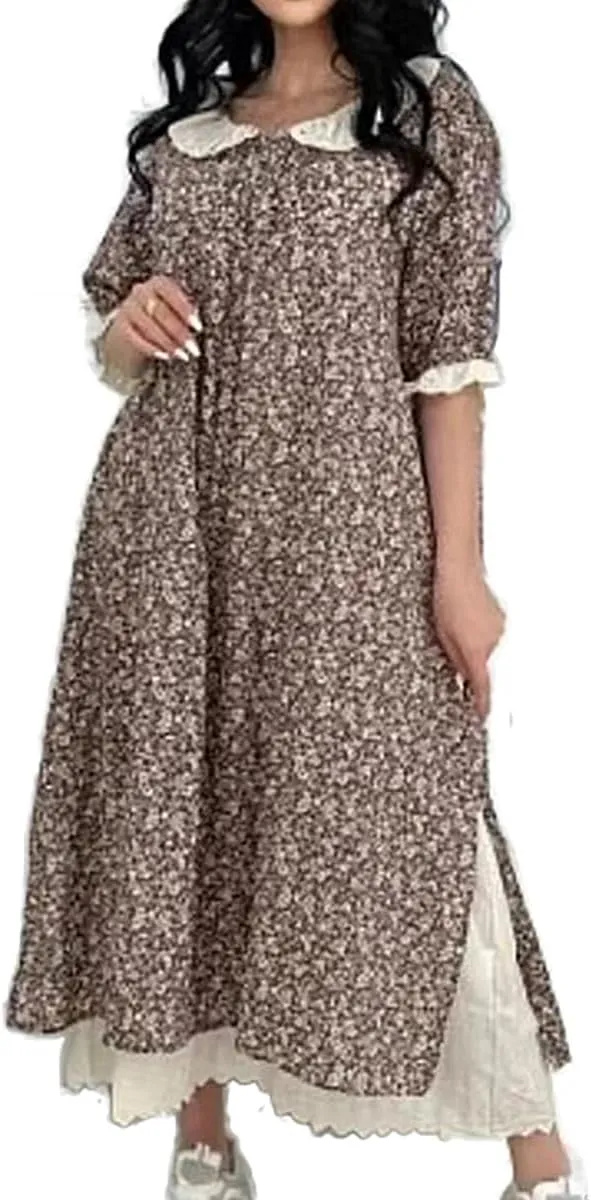 Women's Floral Cotton Linen Dress Long Sleeve Boho False Two-Piece with Lace Trim, Loose Ankle Length Maxi for Casual Wear