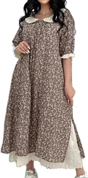 Women's Floral Cotton Linen Dress Long Sleeve Boho False Two-Piece with Lace Trim, Loose Ankle Length Maxi for Casual Wear