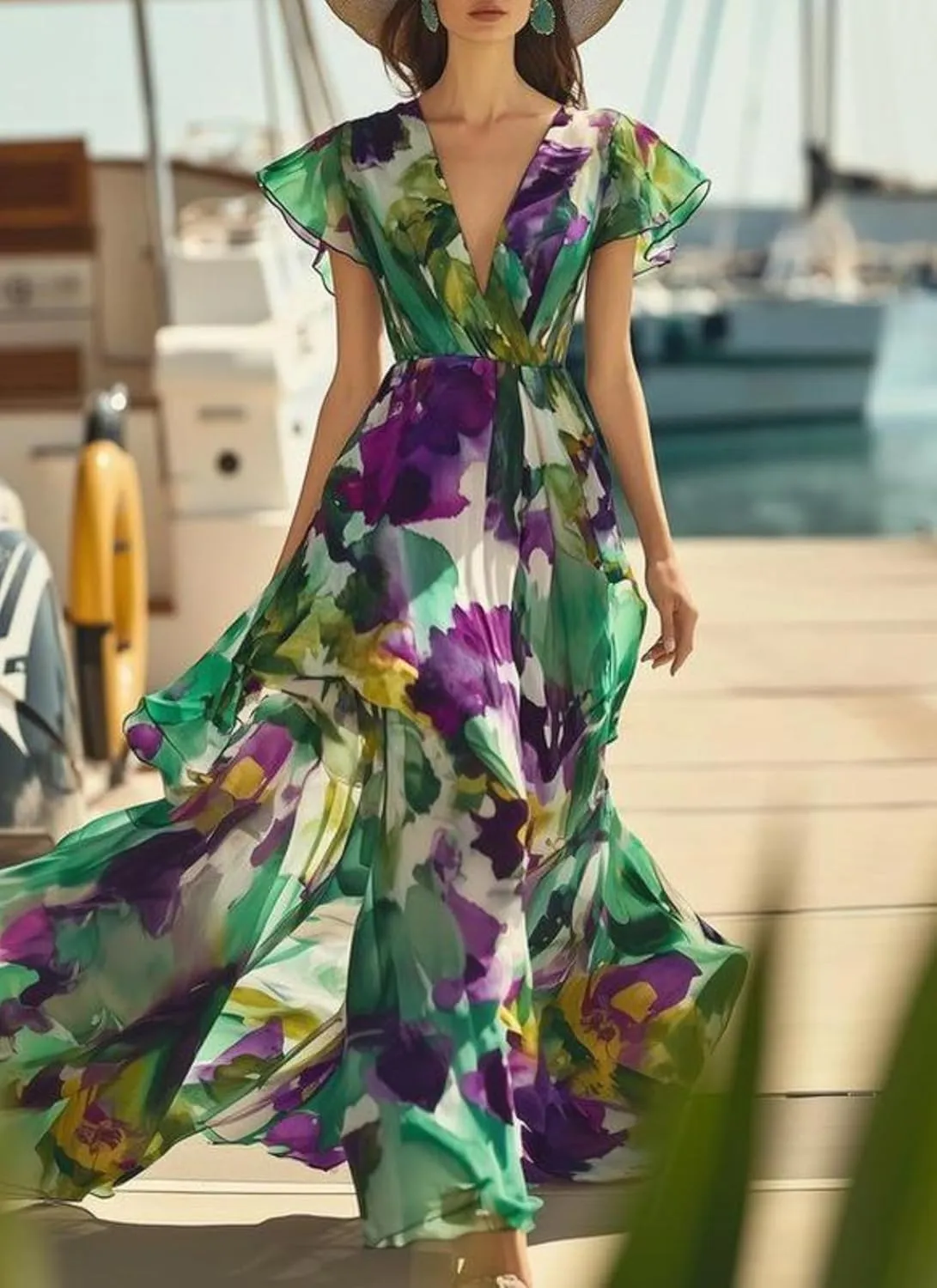 Women's Floral V-Neck Flutter Sleeve Maxi Dress Summer Sleeveless Beach Weddings Guest Long Gown