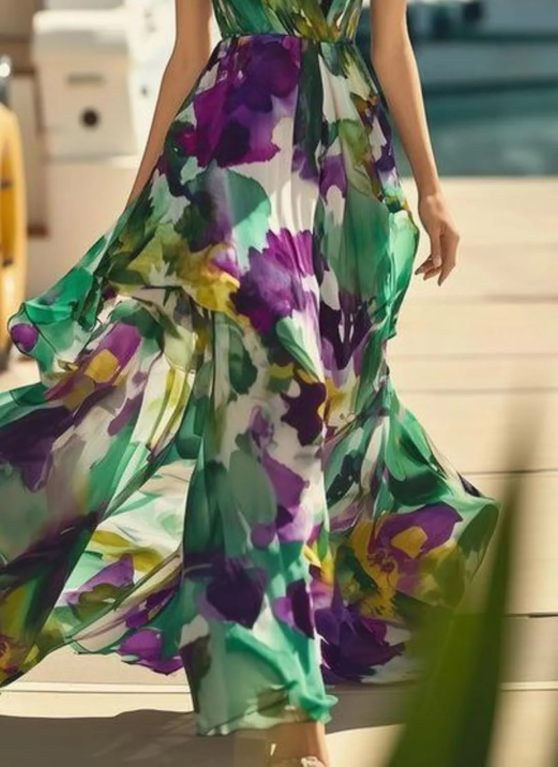 Women's Floral V-Neck Flutter Sleeve Maxi Dress Summer Sleeveless Beach Weddings Guest Long Gown