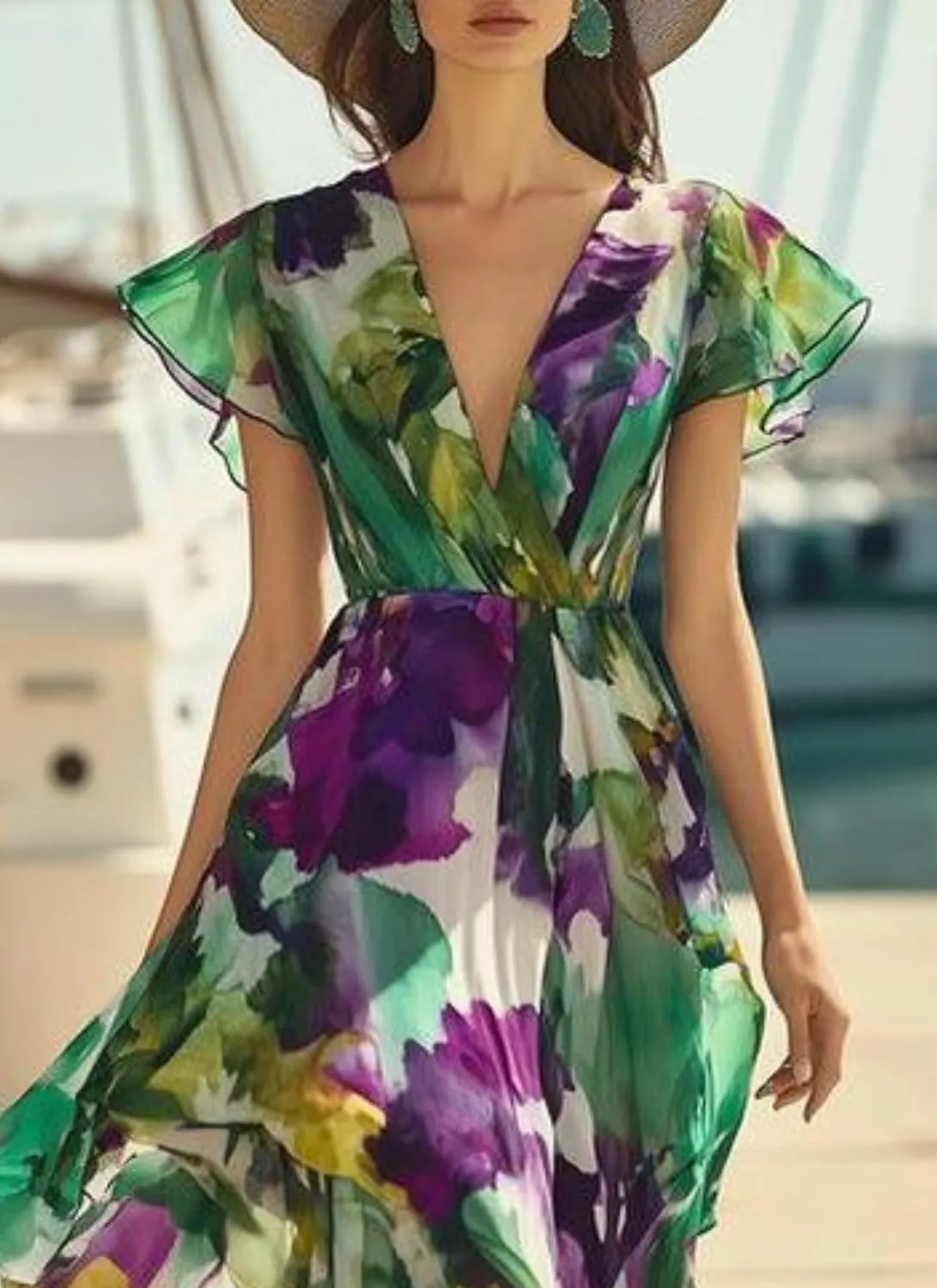 Women's Floral V-Neck Flutter Sleeve Maxi Dress Summer Sleeveless Beach Weddings Guest Long Gown