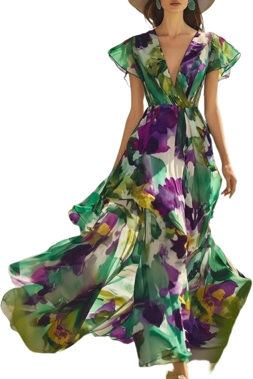 Women's Floral V-Neck Flutter Sleeve Maxi Dress Summer Sleeveless Beach Weddings Guest Long Gown