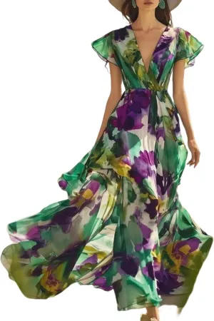 Women's Floral V-Neck Flutter Sleeve Maxi Dress Summer Sleeveless Beach Weddings Guest Long Gown