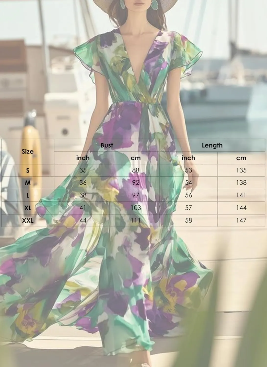 Women's Floral V-Neck Flutter Sleeve Maxi Dress Summer Sleeveless Beach Weddings Guest Long Gown