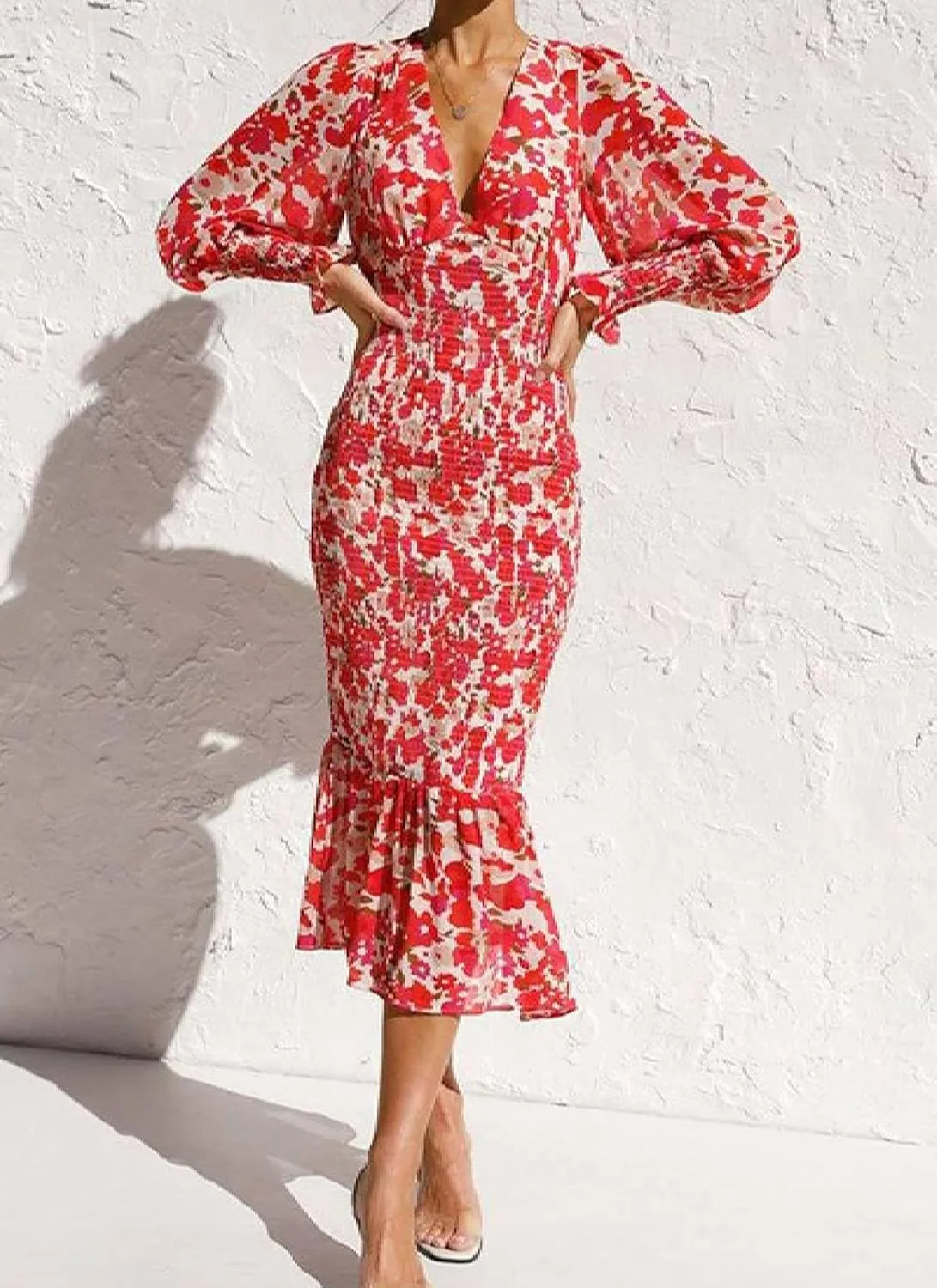 Women's Floral V-Neck Long Sleeve Ruffle Hem Midi Dress Summer Elegant Beach Wedding Guest Casual Dress