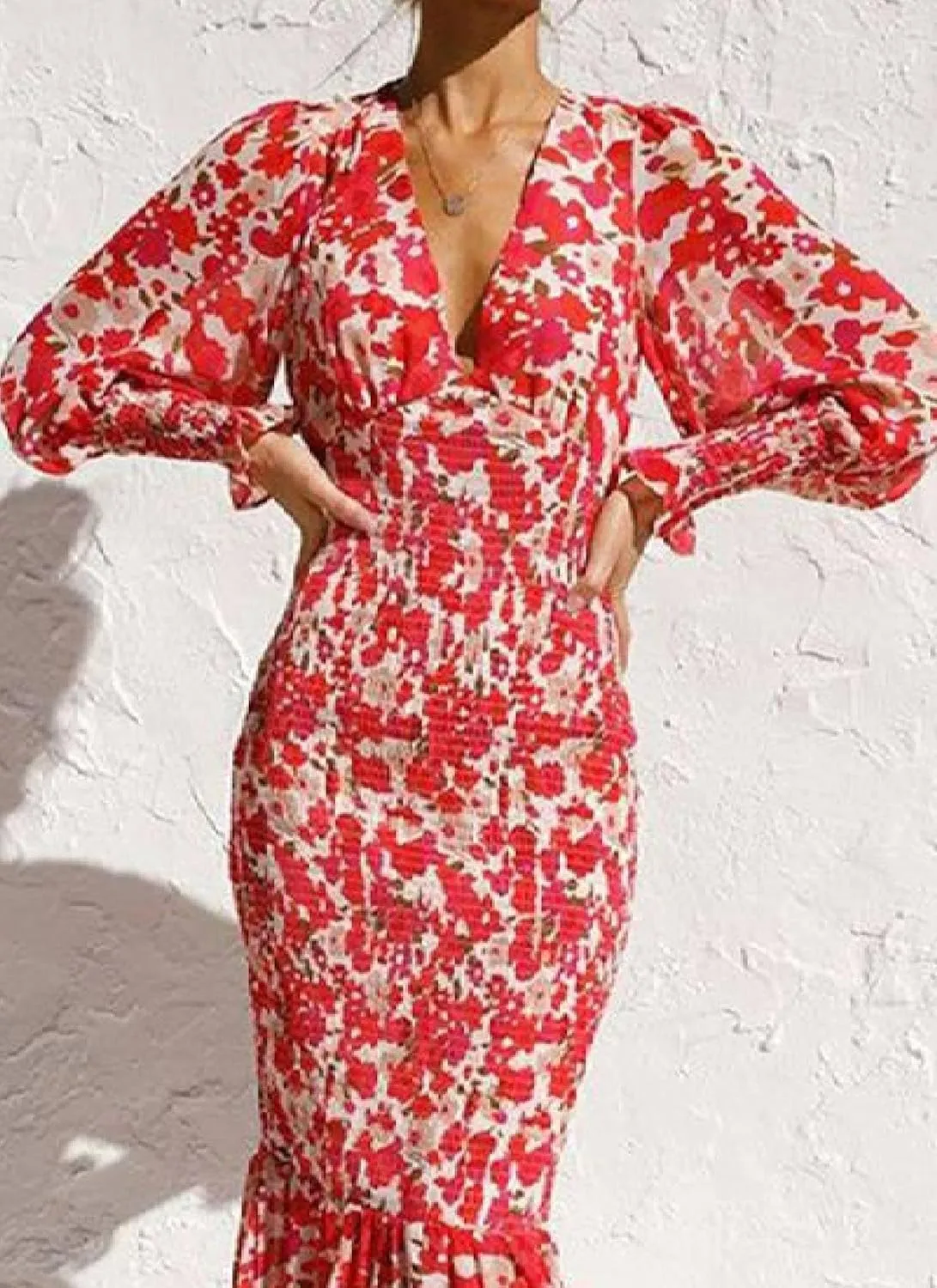 Women's Floral V-Neck Long Sleeve Ruffle Hem Midi Dress Summer Elegant Beach Wedding Guest Casual Dress