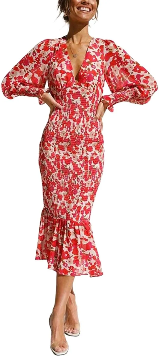 Women's Floral V-Neck Long Sleeve Ruffle Hem Midi Dress Summer Elegant Beach Wedding Guest Casual Dress