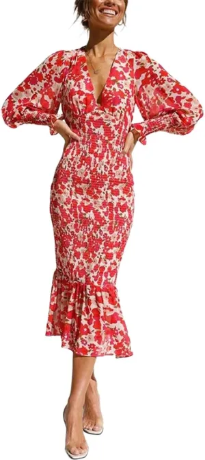 Women's Floral V-Neck Long Sleeve Ruffle Hem Midi Dress Summer Elegant Beach Wedding Guest Casual Dress